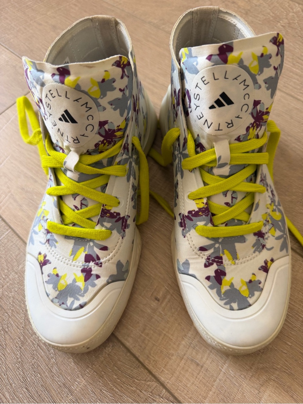 Adidas by Stella McCartney High-Top Floral Sneakers in White, Yellow & Purple